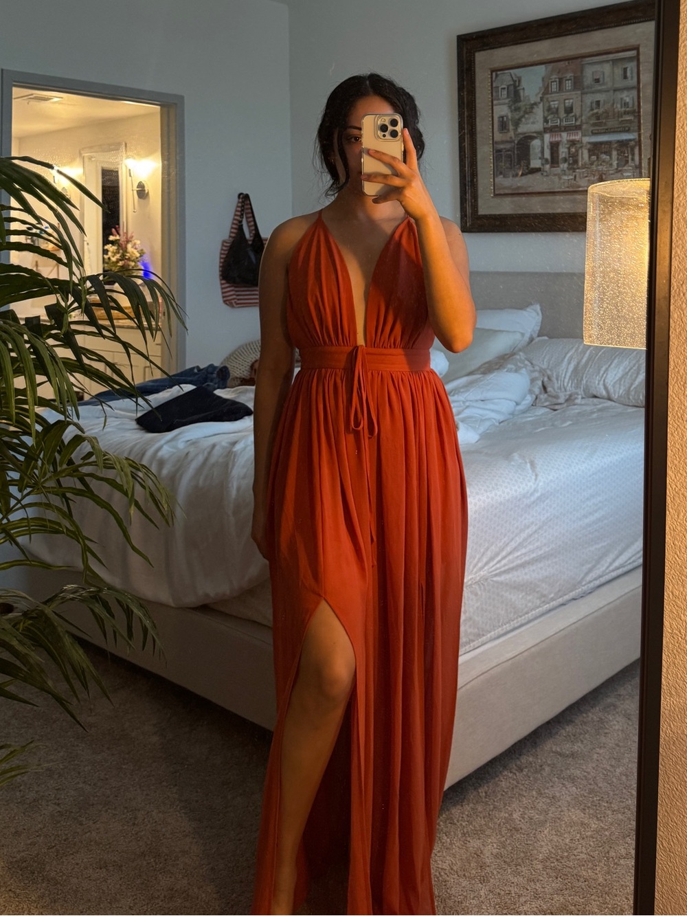 Papaya Rust Red Halter Slit Maxi Dress